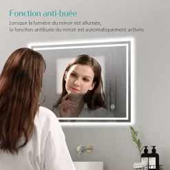 EMKE Miroir lumineux salle de bain 50x70cm, Miroir LED avec l'éclairage, Interrupteur Tactile, Anti-buée, Lumière Blanche Froide