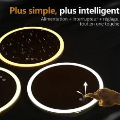 EMKE Miroir lumineux salle de bain rond diamètre 50cm, Miroir LED avec Interrupteur Tactile, Anti-buée, 3 couleurs de Lumières