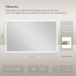 EMKE Miroir lumineux salle de bain Rétro-éclairage 100x60cm, Miroir LED avec Interrupteur Tactile, lumière blanche froide