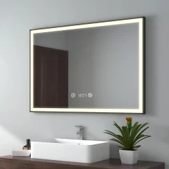 EMKE Miroir lumineux salle de bain 100x70cm,cadre noir,Interrupteur Tactile, Anti-buée, Horloge et Température, LED Lumière Neutre