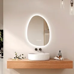 EMKE Miroir salle de bain avec éclairage, asymétrique, anti-buée, interrupteur tactile, 3 couleurs de lumière réglable, 75 x 55 cm