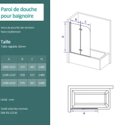 EMKE Pare de baignoire en 6 mm verre securit Paroi de douche pliable pour baignoire Revêtement Nano facile à nettoyer 120 x 140 cm