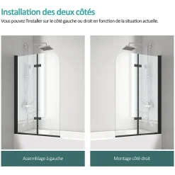 EMKE Pare-baignoire paroi de douche pour baignoire noir mat 2 parties pliable 120x140cm pare-baignoire 6mm NANO GLASS