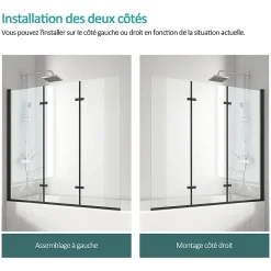 EMKE Pare-baignoire paroi de douche pour baignoire noir mat 3 parties pliable 130x140cm pare-baignoire 6mm NANO GLASS