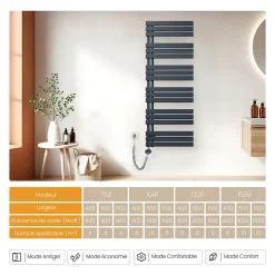 EMKE Radiateur Sèche-Serviettes Électrique 1599x400 mm, Gris Anthracite 800W, WiFi, Modes Intelligents, IPX4