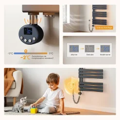 EMKE Radiateur Sèche-Serviettes Électrique 1041x500 mm, Gris Anthracite 600W, WiFi, Modes Intelligents, IPX4