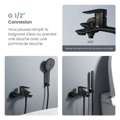 EMKE Robinet bain et douche noir mat, Mitigeur mural 21.2x18.3 cm, robinet salle de bain levier unique