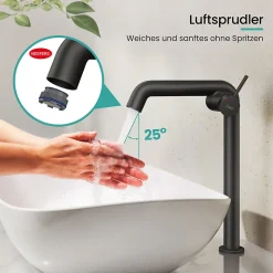 EMKE Robinet de Salle de Bain Noir Mat, 332 x 220 x 76 mm, Laiton, Cartouche Céramique, Mitigeur pour Lavabo, Installation Facile