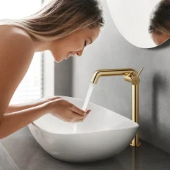 EMKE Robinet de Salle de Bain Or Champagne, 332x220x76 mm, Laiton, Cartouche Céramique, Mitigeur de Lavabo, Installation Facile