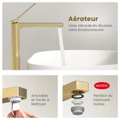 EMKE Robinet Lavabo Salle de Bain 335x233x46 mm Or Champagne, Mitigeur en Cuivre, Robinet de Cuisine , Cartouche Céramique