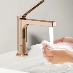 EMKE Robinet Salle de Bain Or Rose, 195x173x46 mm, Cartouche Céramique, Cuivre, Mitigeur de lavabo, Connexion 90 mm