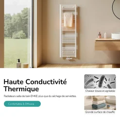 EMKE Sèche-serviette eau chaude, Radiateur sèche-serviettes raccordement central Blanc 180x40cm 618Watts