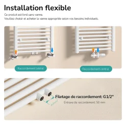 EMKE Sèche-serviette eau chaude, Radiateur sèche-serviettes raccordement central Blanc 160x50cm 654Watts