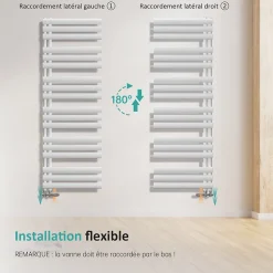 EMKE Sèche-serviette eau chaude à raccord latéral, radiateur sèche-serviettes blanc 143 x 40 cm, 484 W