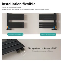 EMKE Sèche-serviettes à Eau Chaude Panneau Plat, Sèche-serviettes connexion latérale pour, Noir 1041x600mm 639Watts