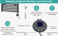 EMKE Sèche-serviettes électrique avec thermostat 140 x 40 cm, radiateur de salle de bain incurvé, gris anthracite, 500 watts
