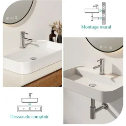 EMKE Vasque à Poser en céramique 50x40x11cm, Lavabo rectangulaire avec robinet trou prépercé, Lavabo à poser blanc brillant