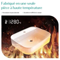 EMKE Vasque à Poser en céramique 60x40x11cm, Lavabo rectangulaire avec robinet trou prépercé, Lavabo à poser blanc brillant