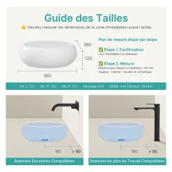 EMKE Vasque à Poser Ronde 360 x 360 x 120mm, Lavabo de Salle de Bain en Céramique, Montage sur Comptoir, Blanc Brillant