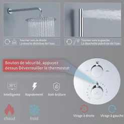 Encastré Colonne de Douche Thermostatique Système de Douche Rond Grande Douche de Tête Set de Douche Encastrée en Laiton Chromé