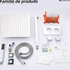 Encastré Colonne de Douche Thermostatique Système de Douche Grande Douche de Tête Set de Douche Encastrée en Laiton Chromé