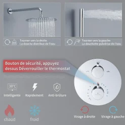 Encastré Colonne de Douche Thermostatique Système de Douche Rond Grande Douche de Tête Set de Douche Encastrée en Laiton Chromé