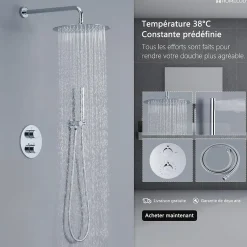 Encastré Colonne de Douche Thermostatique Système de Douche Rond Grande Douche de Tête Set de Douche Encastrée en Laiton Chromé