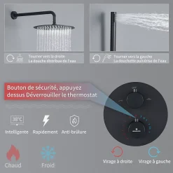 Encastré Ensemble de Douche Thermostatique Colonne de Douche Noir Système de douche Corps en Laiton HOMELODY
