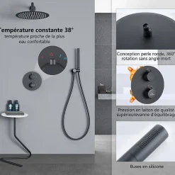 Encastré Ensemble de Douche Thermostatique Colonne de Douche Noir Système de douche Corps en Laiton HOMELODY