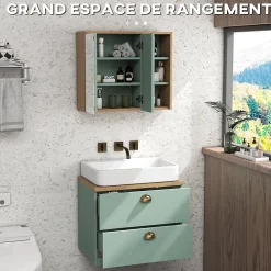 Ensemble 2 meubles salle de bain - meuble sous-vasque suspendu, armoire murale miroir - aspect bois clair vert