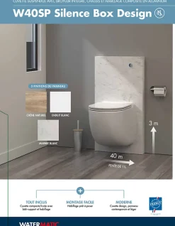 Ensemble bâti-support+habillage couleur marbre blanc +Sanibroyeur+cuvette+abattant WATERMATIC W40 Silence PMR norme handicapés