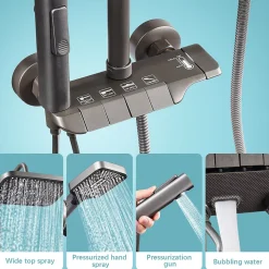 Ensemble de douche avec mitigeur monocommande, barre de douche réglable et pommeau carré avec robinet