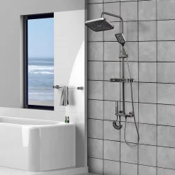 Ensemble de douche avec mitigeur monocommande, barre de douche réglable et pommeau carré avec robinet