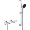 Ensemble de douche avec mitigeur thermostatique, pommeau 1 jet, barre 60cm et flexible - GROHE 34597001 - Economie d'eau - Chrom