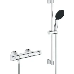 Ensemble de douche avec mitigeur thermostatique, pommeau 1 jet, barre 60cm et flexible - GROHE 34597001 - Economie d'eau - Chrom