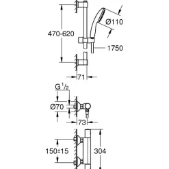 Ensemble de douche avec mitigeur thermostatique, pommeau 1 jet, barre 60cm et flexible - GROHE 34597001 - Economie d'eau - Chrom