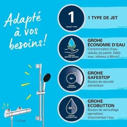 Ensemble de douche avec mitigeur thermostatique, pommeau 1 jet, barre 60cm et flexible - GROHE 34597001 - Economie d'eau - Chrom