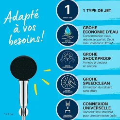 Ensemble de douche avec pommeau 1 jet Pluie, support et flexible 1,75m - GROHE Vitalio Start 110 27944001 - Economie d'eau
