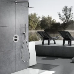 Ensemble de douche TOUCHER à encastrer - Mitigeur thermostatique Nickel brossé Ensemble encastré douchette + tête de douche