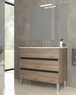 Ensemble de salle de bain meuble 100cm STAY THREE EDGE bois clair - Vasque - Miroir - Applique