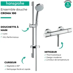 Ensemble douche HANSGROHE Croma 100 + mitigeur thermostatique Ecostat Comfort + Barre de douche 65 cm
