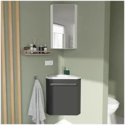 Ensemble lave-mains angle suspendu SKINO avec robinet et armoire d'angle