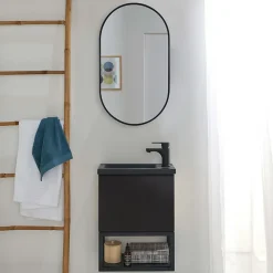 Ensemble lave-mains NOVA métal et bois avec robinet noir et miroir ovale