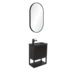 Ensemble lave-mains NOVA métal et bois avec robinet noir et miroir ovale