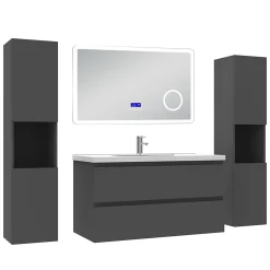 Ensemble meuble 100 cm anthracite avec 2 tiroirs, lavabo céramique + Miroir Bluetooth tricolore + 2 colonnes hautes, suspendu