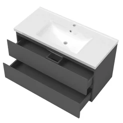 Ensemble meuble 100 cm anthracite avec 2 tiroirs, lavabo céramique + Miroir Bluetooth tricolore + 2 colonnes hautes, suspendu
