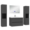 Ensemble meuble 80 cm anthracite avec 2 tiroirs, lavabo céramique + Miroir Bluetooth tricolore + 2 colonnes hautes, suspendu