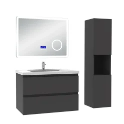 Ensemble meuble 80 cm anthracite avec 2 tiroirs, lavabo céramique + Miroir Bluetooth tricolore + colonne haute, suspendu