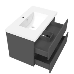 Ensemble meuble 80 cm anthracite avec 2 tiroirs, lavabo céramique + Miroir Bluetooth tricolore + colonne haute, suspendu