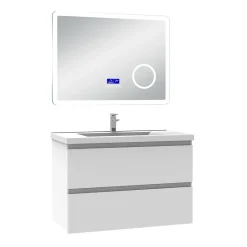 Ensemble meuble 80 cm blanc avec 2 tiroirs à fermeture automatique, lavabo céramique + miroir Bluetooth tricolore, suspendu